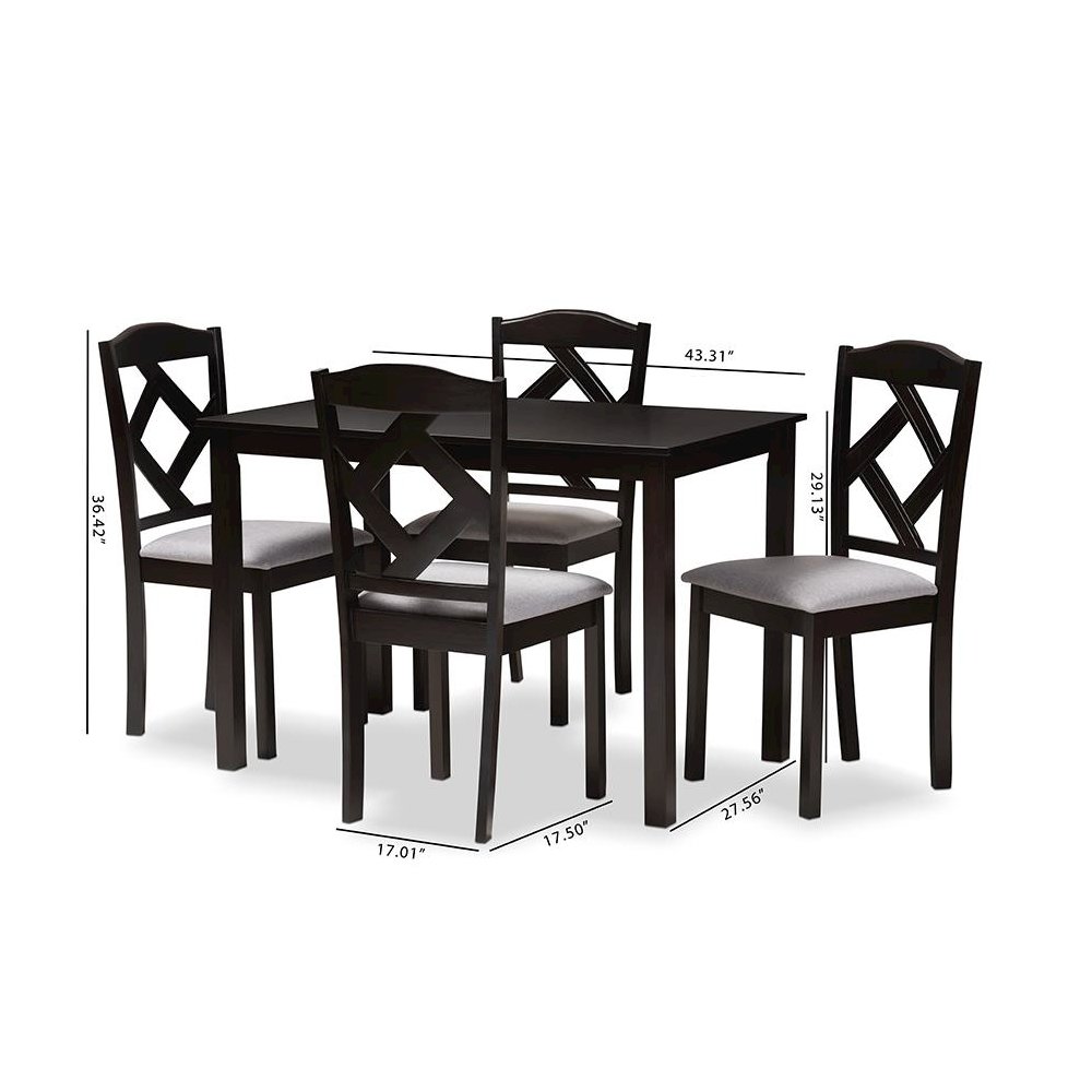 Espresso Brown Finished and Grey Fabric Upholstered 5-Piece Dining Set