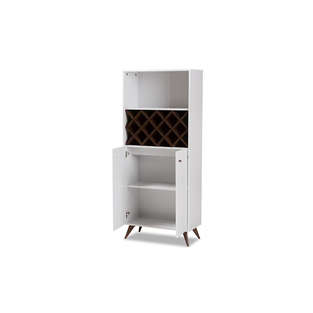Serafino Mid-Century Modern White and Walnut Finished Wood Wine Cabinet