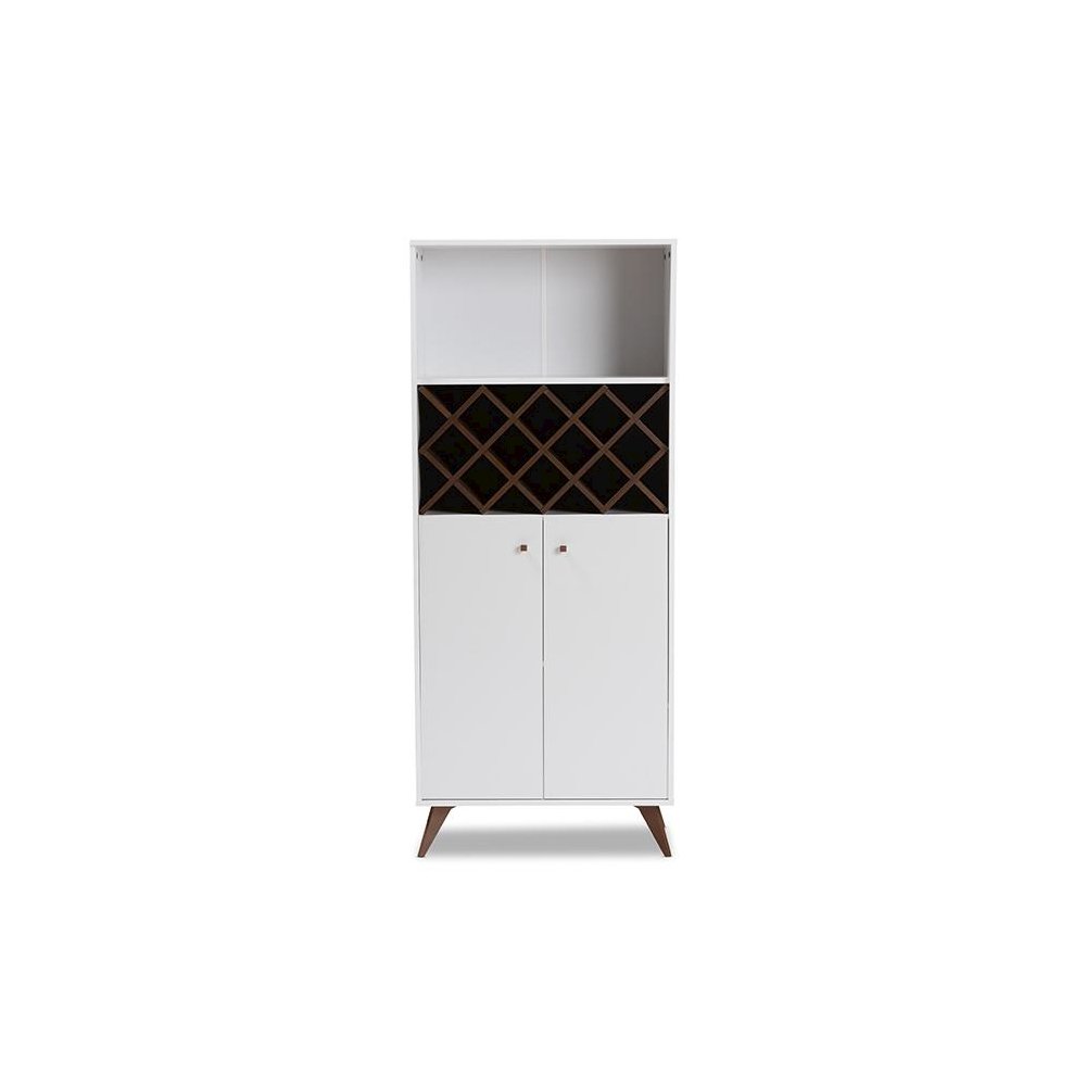 Serafino Mid-Century Modern White and Walnut Finished Wood Wine Cabinet