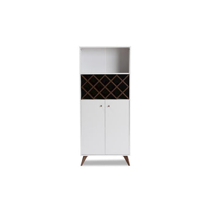 Serafino Mid-Century Modern White and Walnut Finished Wood Wine Cabinet