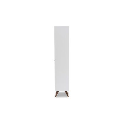 Serafino Mid-Century Modern White and Walnut Finished Wood Wine Cabinet