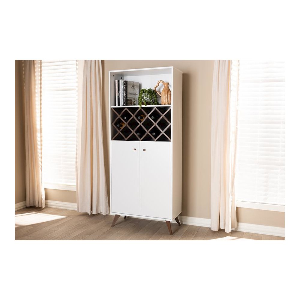 Serafino Mid-Century Modern White and Walnut Finished Wood Wine Cabinet