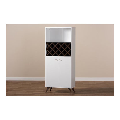 Serafino Mid-Century Modern White and Walnut Finished Wood Wine Cabinet