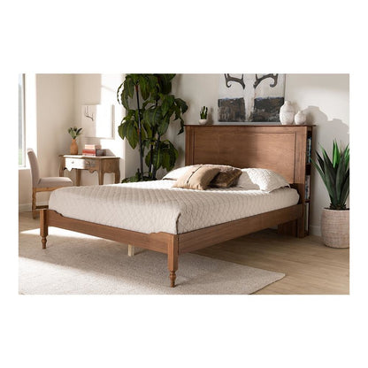 Walnut Brown Finished Wood King Size Platform Storage Bed with Built-In Shelves