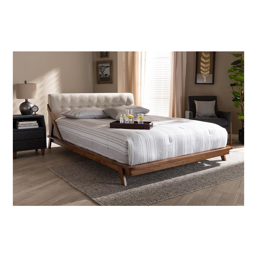 Light Beige Fabric Upholstered Wood King Size Platform Bed