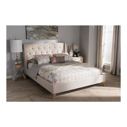 Adelaide Retro Modern Light Beige Fabric Upholstered King Size Platform Bed