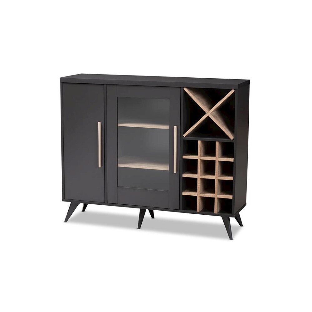 Baxton Studio Pietro Mid-Century Modern Dark Grey and Oak Finished Wine Cabinet