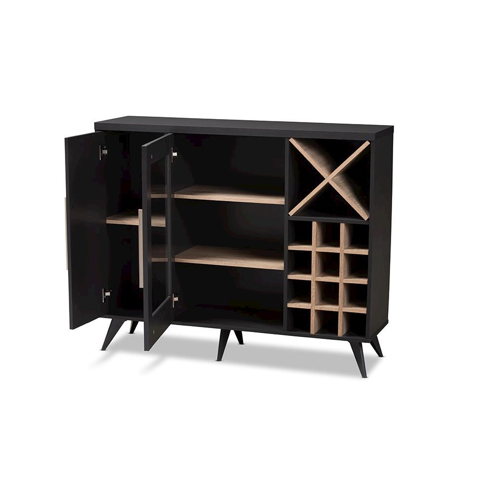 Baxton Studio Pietro Mid-Century Modern Dark Grey and Oak Finished Wine Cabinet