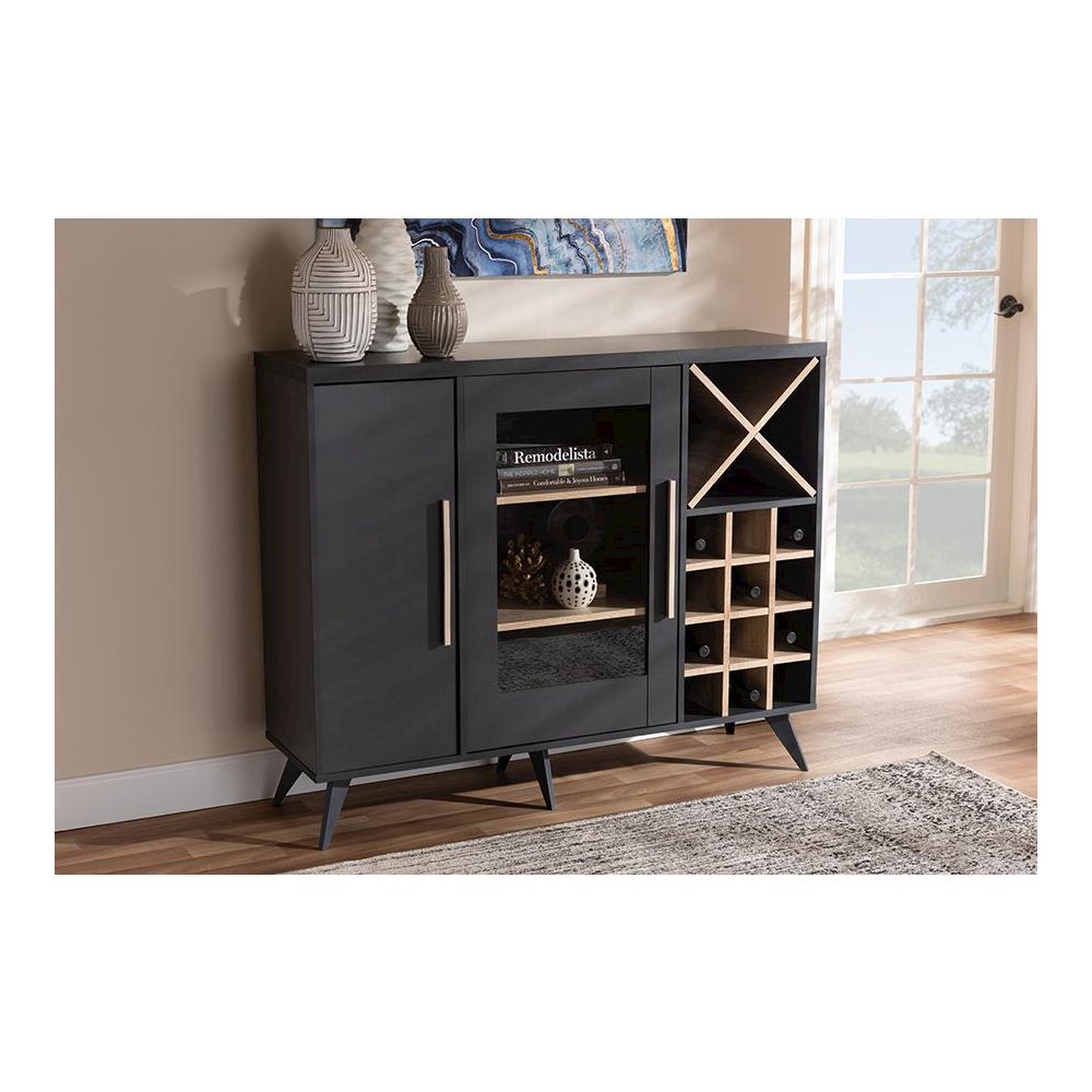 Baxton Studio Pietro Mid-Century Modern Dark Grey and Oak Finished Wine Cabinet