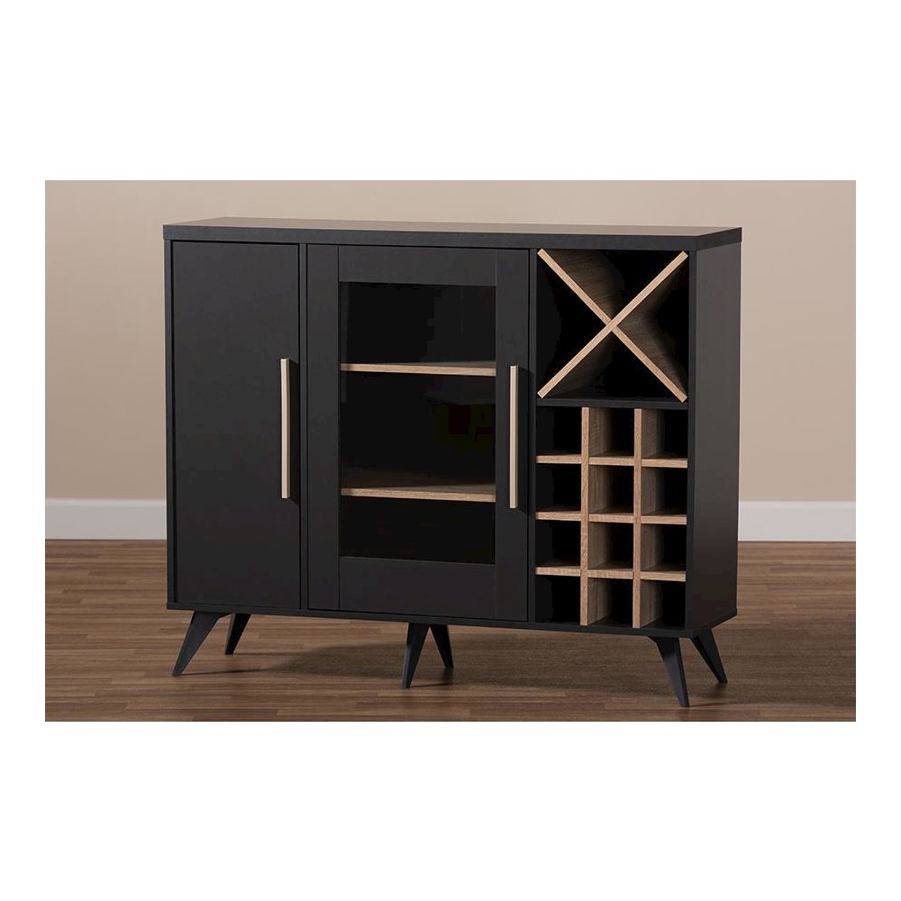 Baxton Studio Pietro Mid-Century Modern Dark Grey and Oak Finished Wine Cabinet