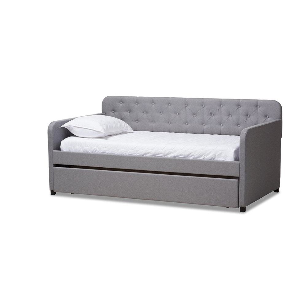 Upholstered Button-Tufted Twin Size Sofa Daybed with Roll-Out Trundle Guest Bed