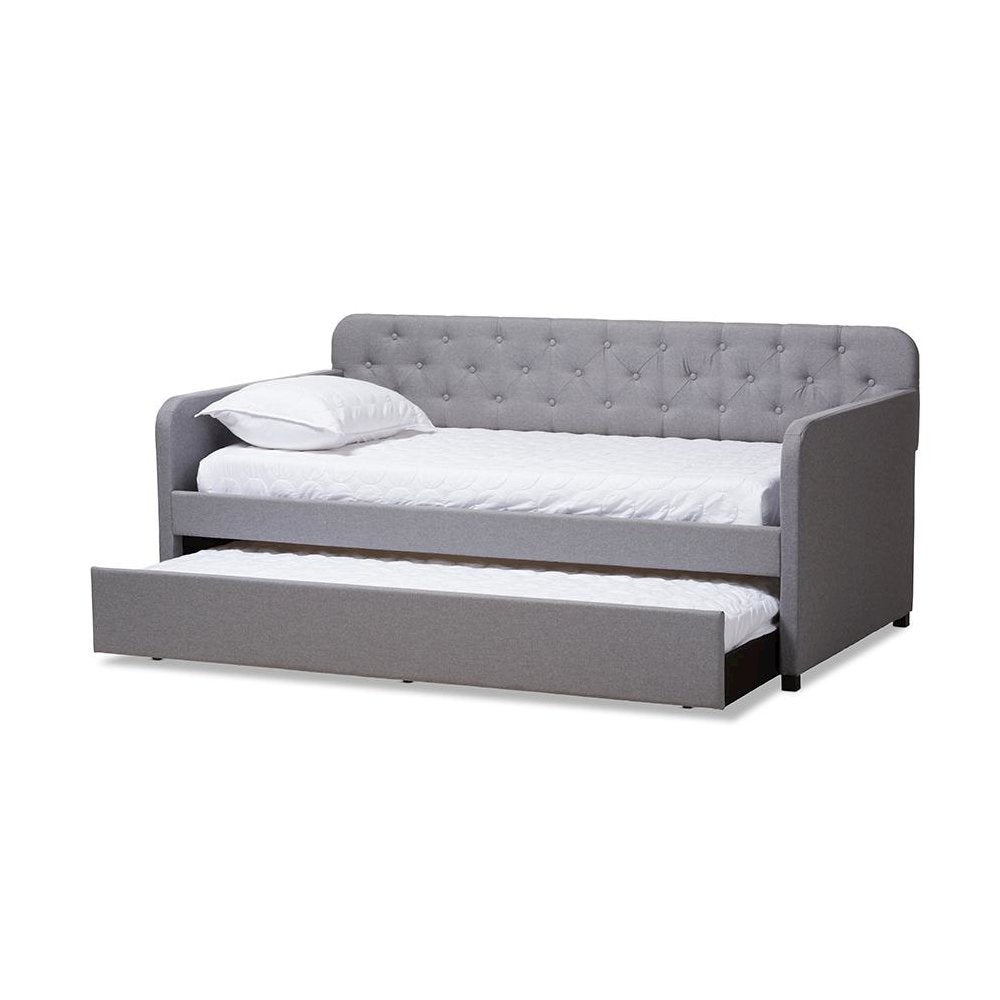 Upholstered Button-Tufted Twin Size Sofa Daybed with Roll-Out Trundle Guest Bed