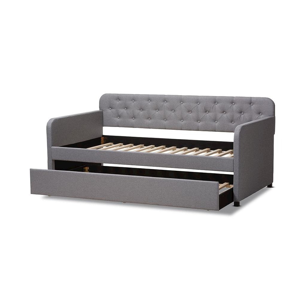 Upholstered Button-Tufted Twin Size Sofa Daybed with Roll-Out Trundle Guest Bed