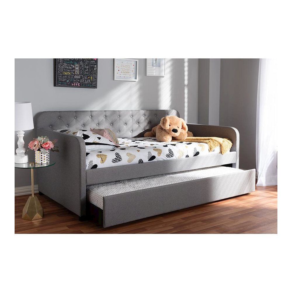 Upholstered Button-Tufted Twin Size Sofa Daybed with Roll-Out Trundle Guest Bed
