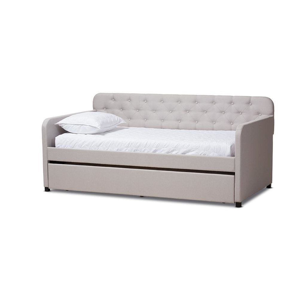 Upholstered Button-Tufted Twin Size Sofa Daybed with Roll-Out Trundle Guest Bed