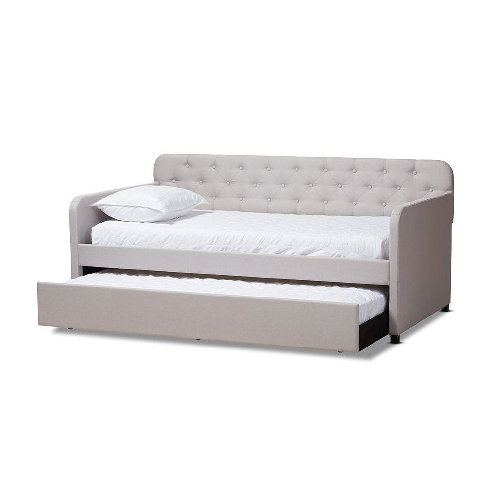 Upholstered Button-Tufted Twin Size Sofa Daybed with Roll-Out Trundle Guest Bed