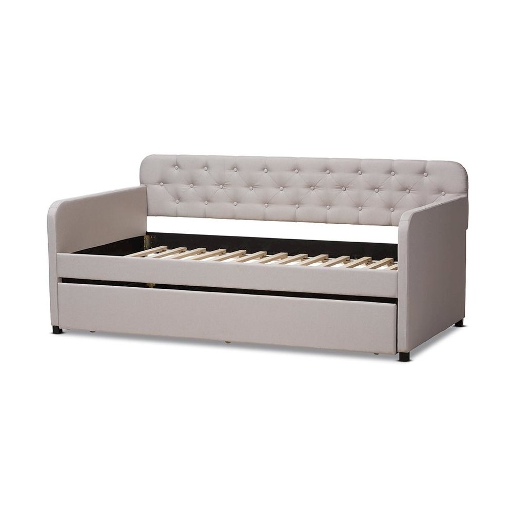 Upholstered Button-Tufted Twin Size Sofa Daybed with Roll-Out Trundle Guest Bed