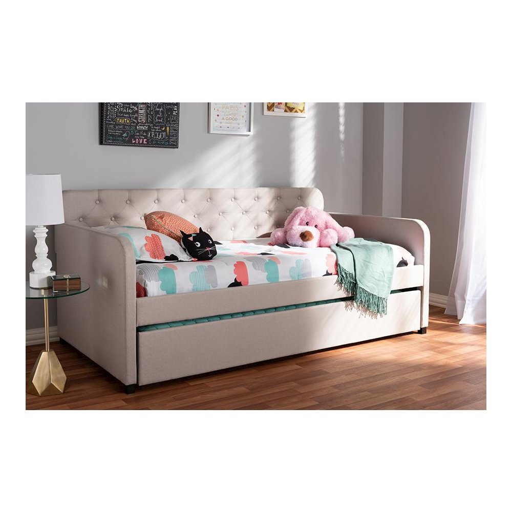 Upholstered Button-Tufted Twin Size Sofa Daybed with Roll-Out Trundle Guest Bed