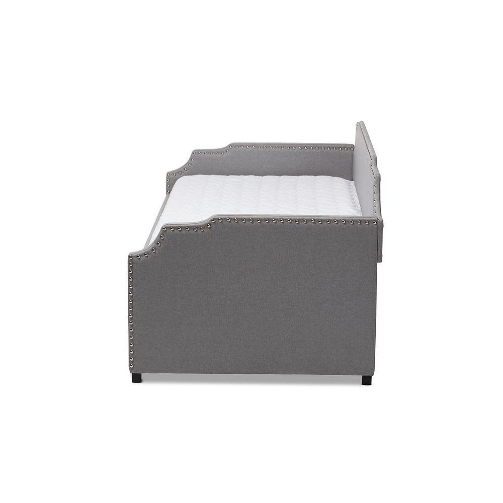 Grey Fabric Upholstered Twin Size Sofa Daybed with Roll Out Trundle Guest Bed