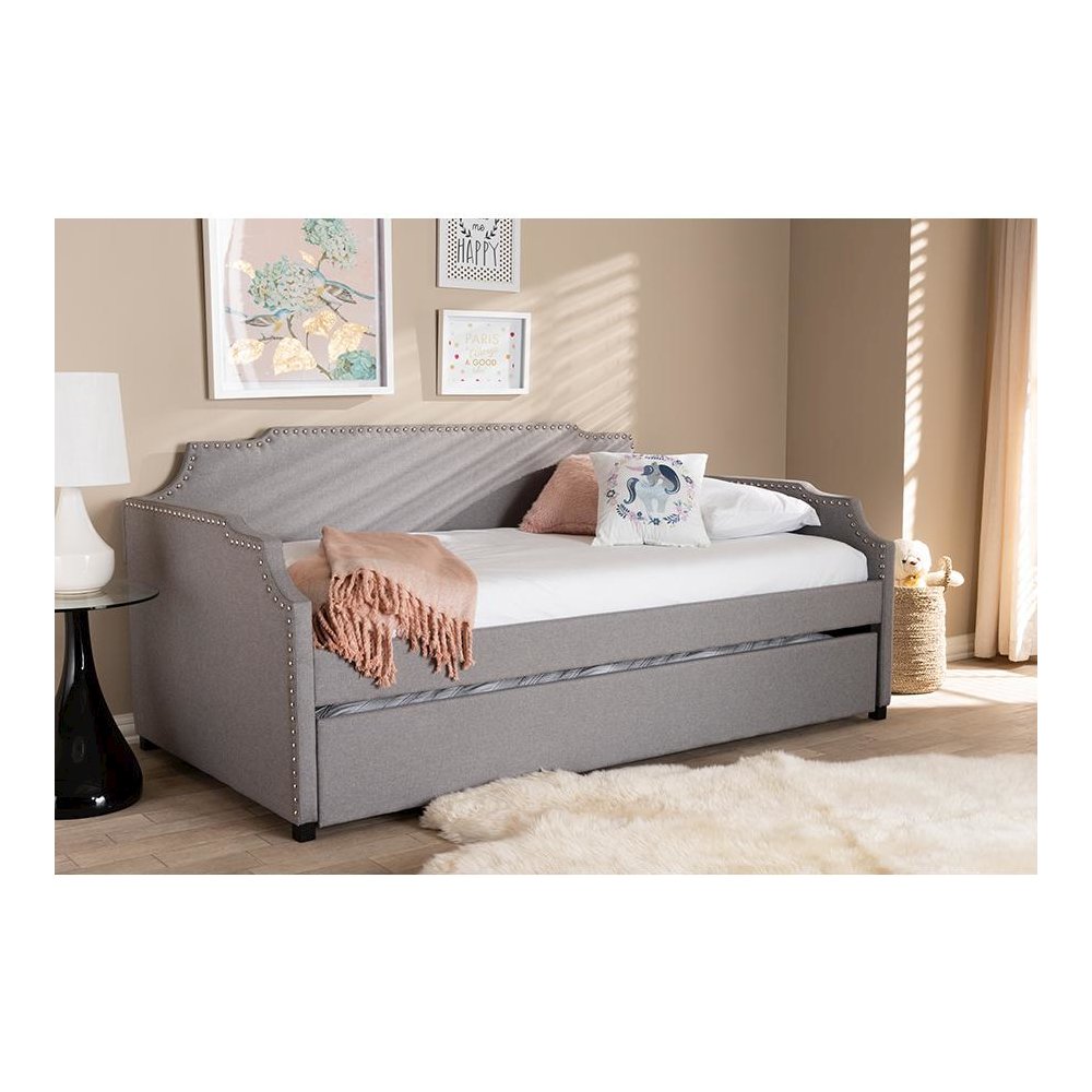 Grey Fabric Upholstered Twin Size Sofa Daybed with Roll Out Trundle Guest Bed