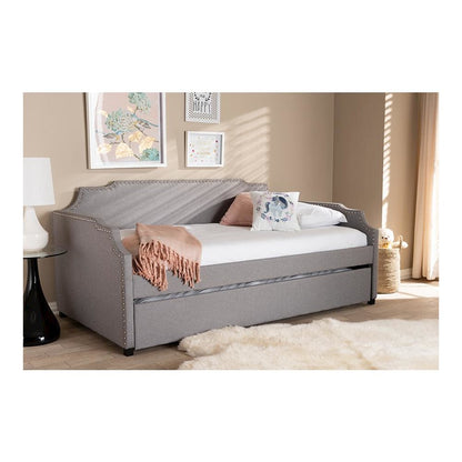 Grey Fabric Upholstered Twin Size Sofa Daybed with Roll Out Trundle Guest Bed