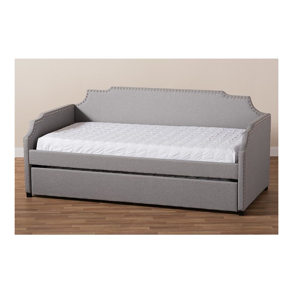 Grey Fabric Upholstered Twin Size Sofa Daybed with Roll Out Trundle Guest Bed