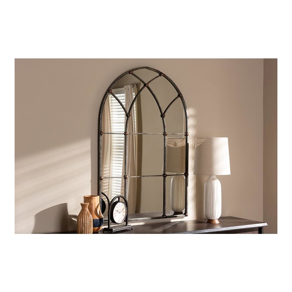 Tova Vintage Farmhouse Antique Silver Finished Arched Window Accent Wall Mirror
