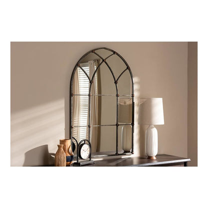 Tova Vintage Farmhouse Antique Silver Finished Arched Window Accent Wall Mirror