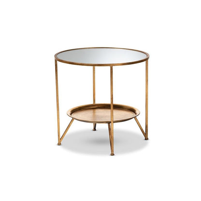 Antique Gold Finished Metal and Mirrored Glass Accent Table with Tray Shelf