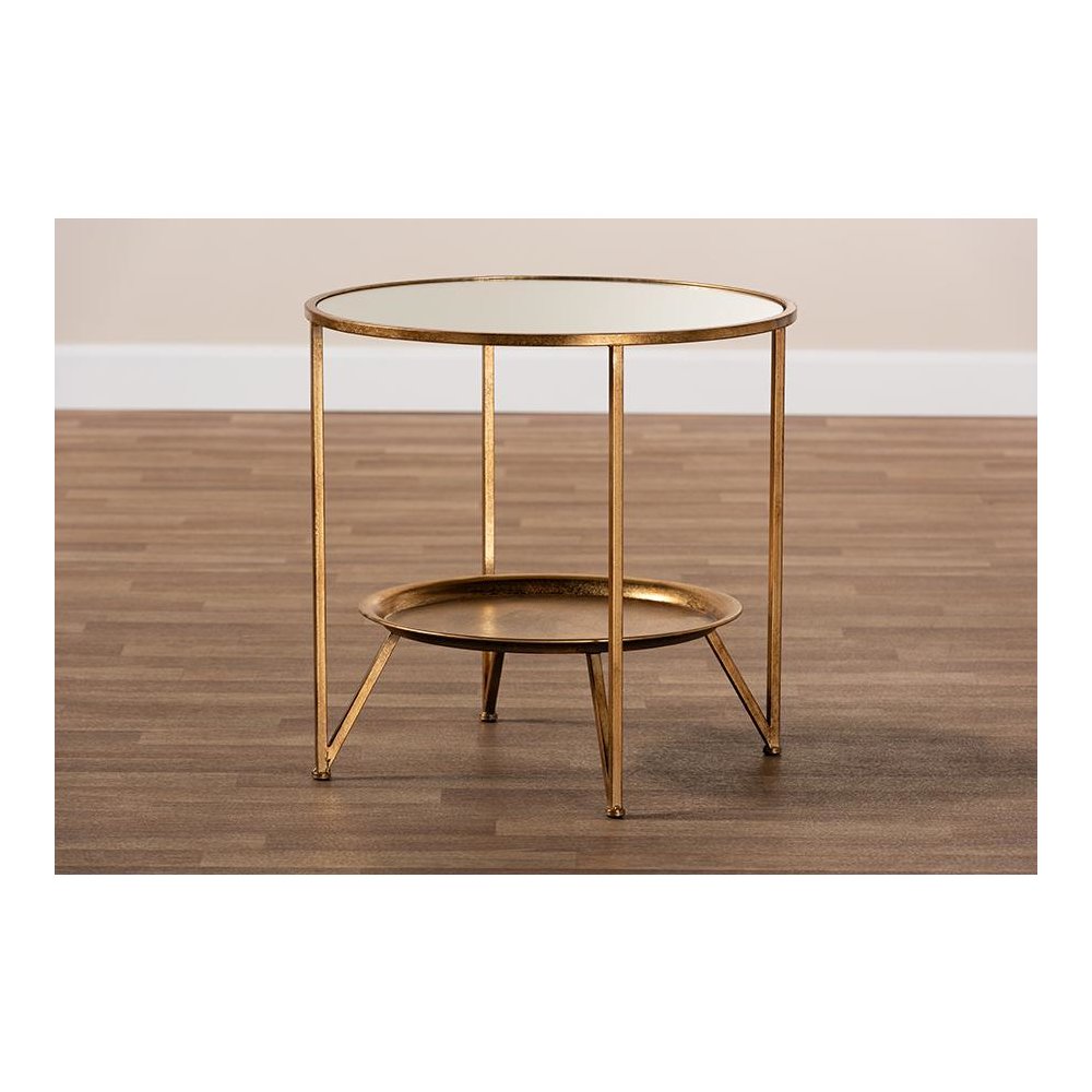 Antique Gold Finished Metal and Mirrored Glass Accent Table with Tray Shelf
