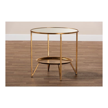 Antique Gold Finished Metal and Mirrored Glass Accent Table with Tray Shelf