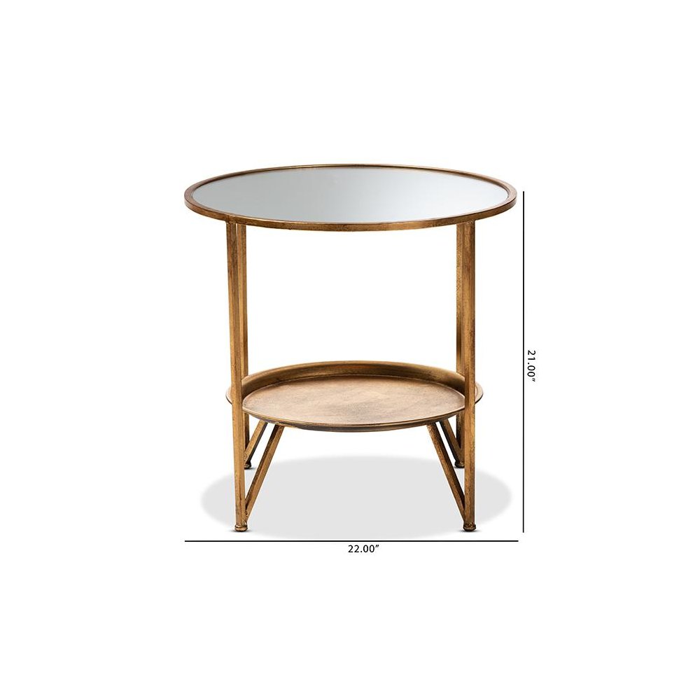 Antique Gold Finished Metal and Mirrored Glass Accent Table with Tray Shelf
