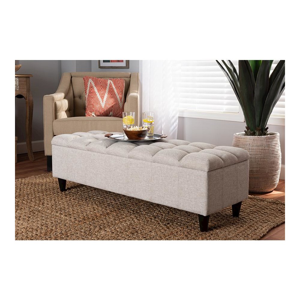 Light Blue Fabric Upholstered Dark Brown Finished Wood Storage Bench Ottoman