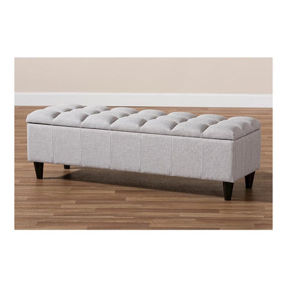 Grayish Beige Fabric Upholstered Dark Brown Finished Wood Storage Bench Ottoman
