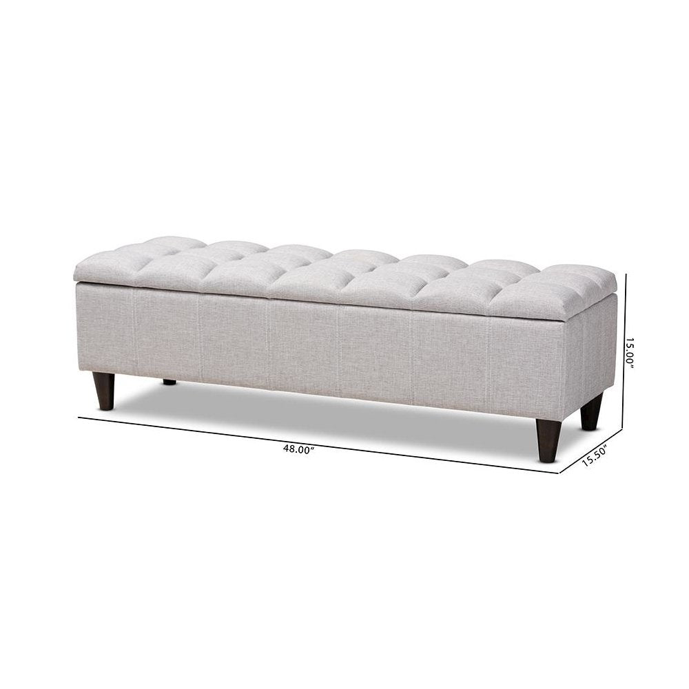 Grayish Beige Fabric Upholstered Dark Brown Finished Wood Storage Bench Ottoman