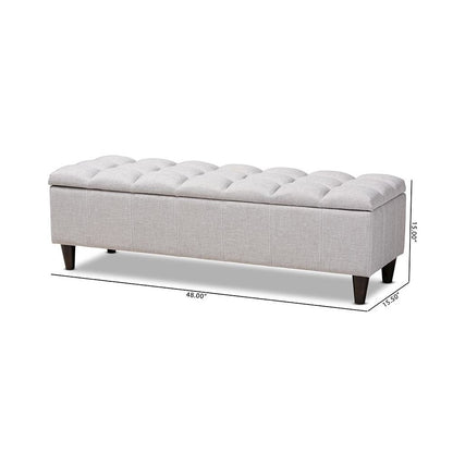 Grayish Beige Fabric Upholstered Dark Brown Finished Wood Storage Bench Ottoman