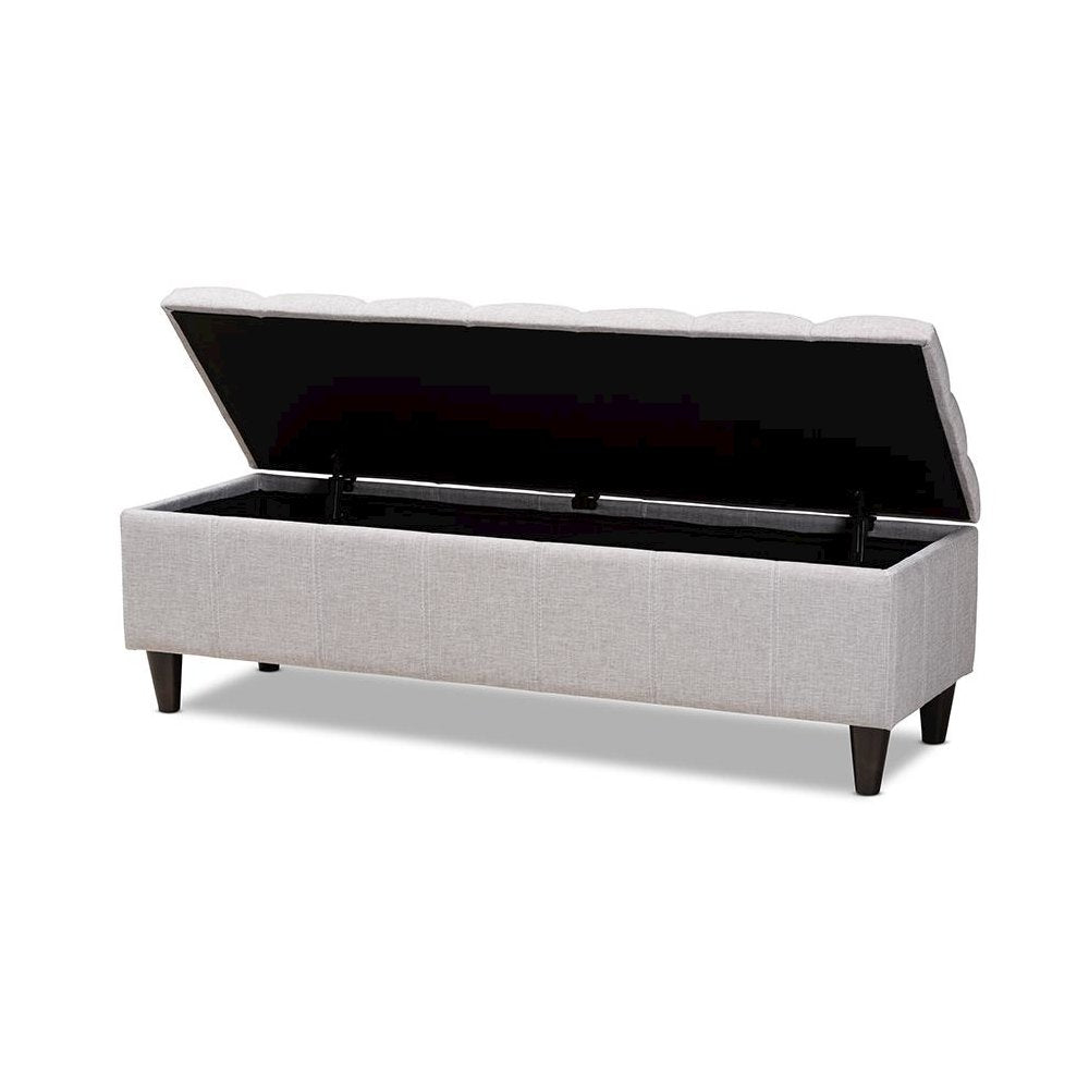 Grayish Beige Fabric Upholstered Dark Brown Finished Wood Storage Bench Ottoman