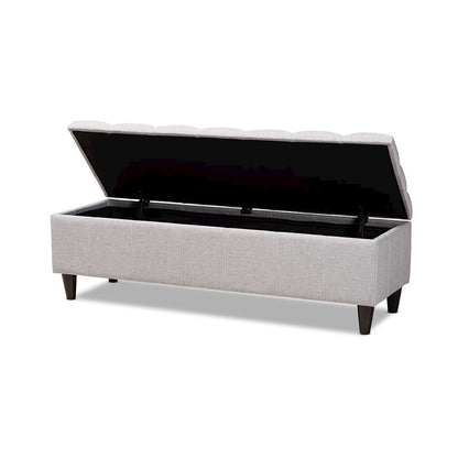 Grayish Beige Fabric Upholstered Dark Brown Finished Wood Storage Bench Ottoman