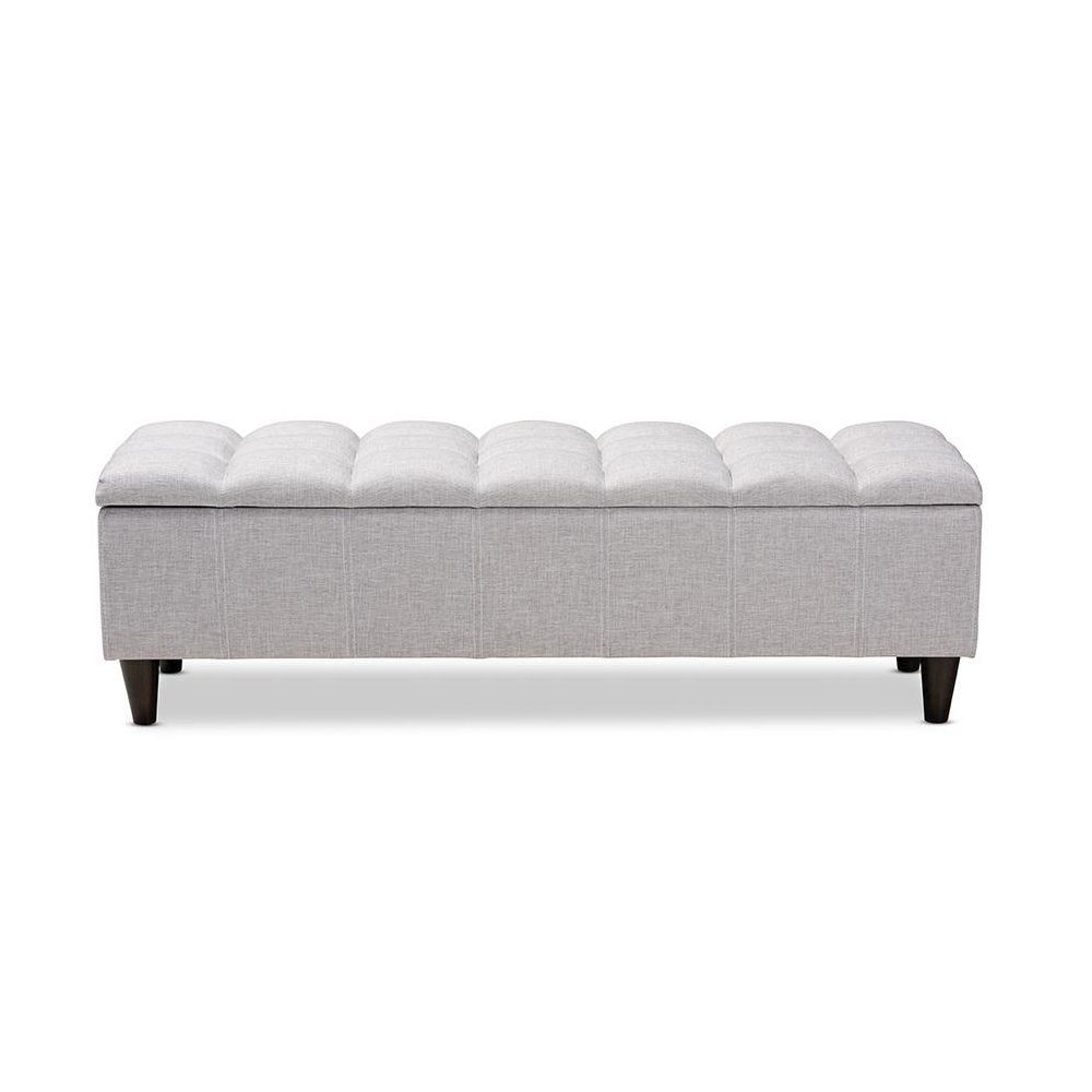 Grayish Beige Fabric Upholstered Dark Brown Finished Wood Storage Bench Ottoman