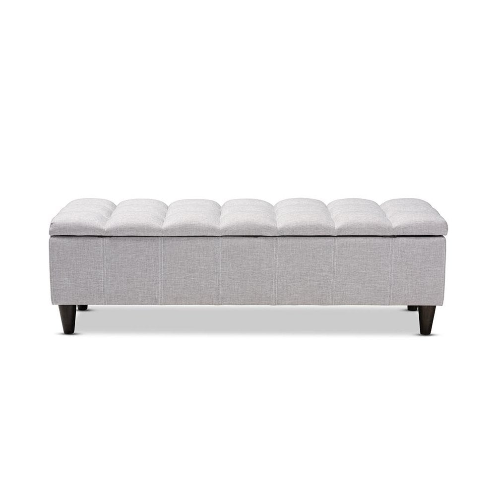 Grayish Beige Fabric Upholstered Dark Brown Finished Wood Storage Bench Ottoman