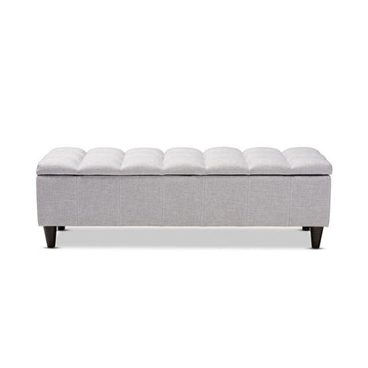 Grayish Beige Fabric Upholstered Dark Brown Finished Wood Storage Bench Ottoman