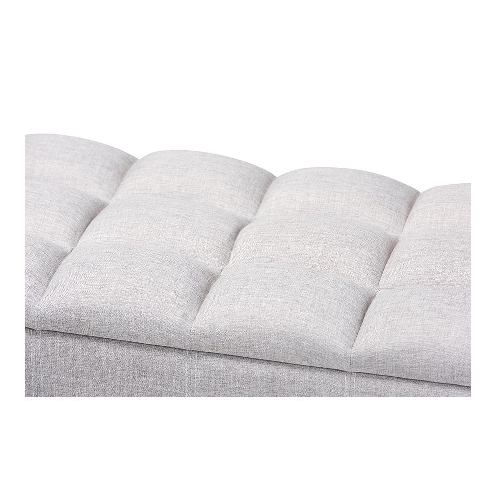 Grayish Beige Fabric Upholstered Dark Brown Finished Wood Storage Bench Ottoman