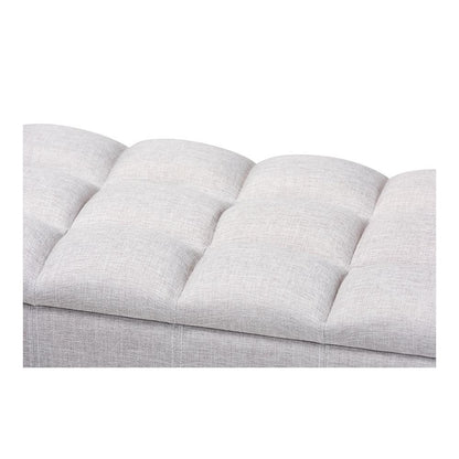 Grayish Beige Fabric Upholstered Dark Brown Finished Wood Storage Bench Ottoman