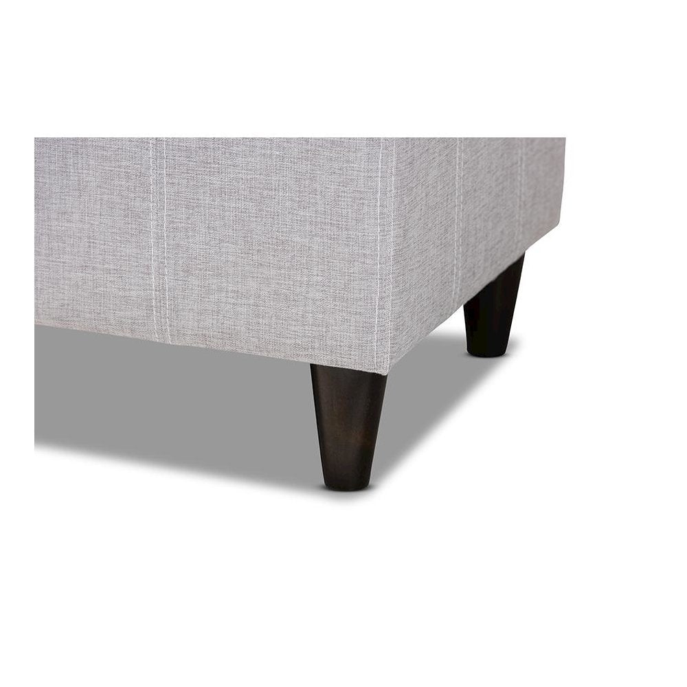 Grayish Beige Fabric Upholstered Dark Brown Finished Wood Storage Bench Ottoman