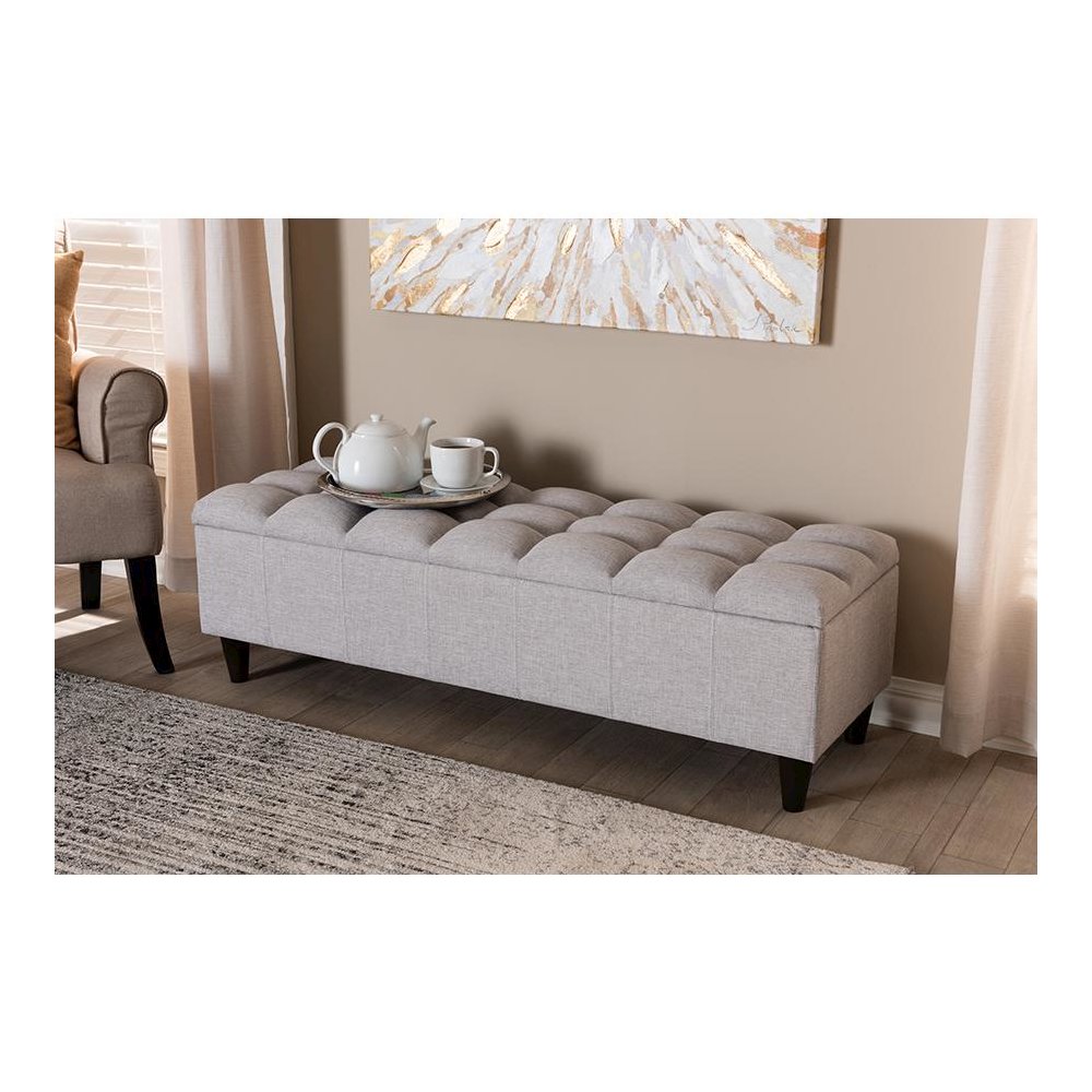 Grayish Beige Fabric Upholstered Dark Brown Finished Wood Storage Bench Ottoman