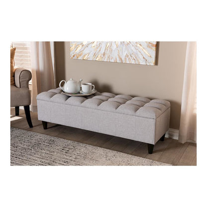Grayish Beige Fabric Upholstered Dark Brown Finished Wood Storage Bench Ottoman