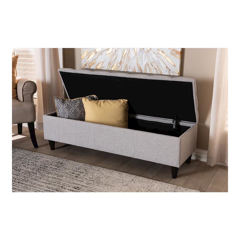 Grayish Beige Fabric Upholstered Dark Brown Finished Wood Storage Bench Ottoman