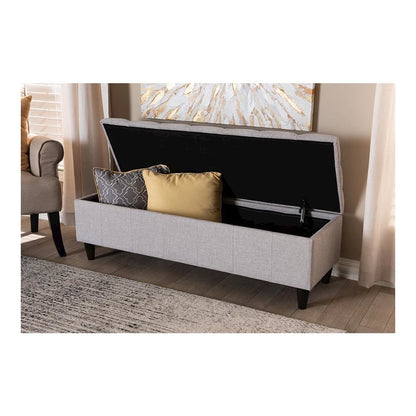 Grayish Beige Fabric Upholstered Dark Brown Finished Wood Storage Bench Ottoman