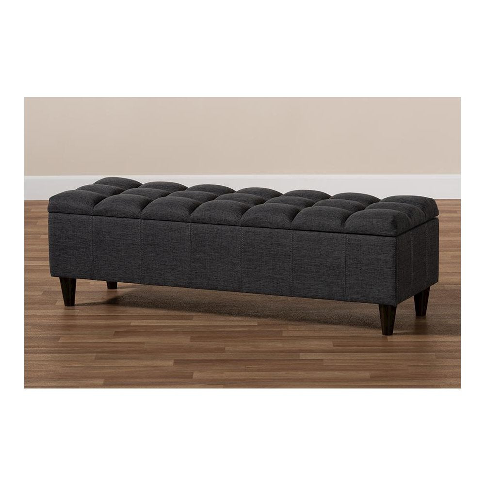 Charcoal Fabric Upholstered Dark Brown Finished Wood Storage Bench Ottoman