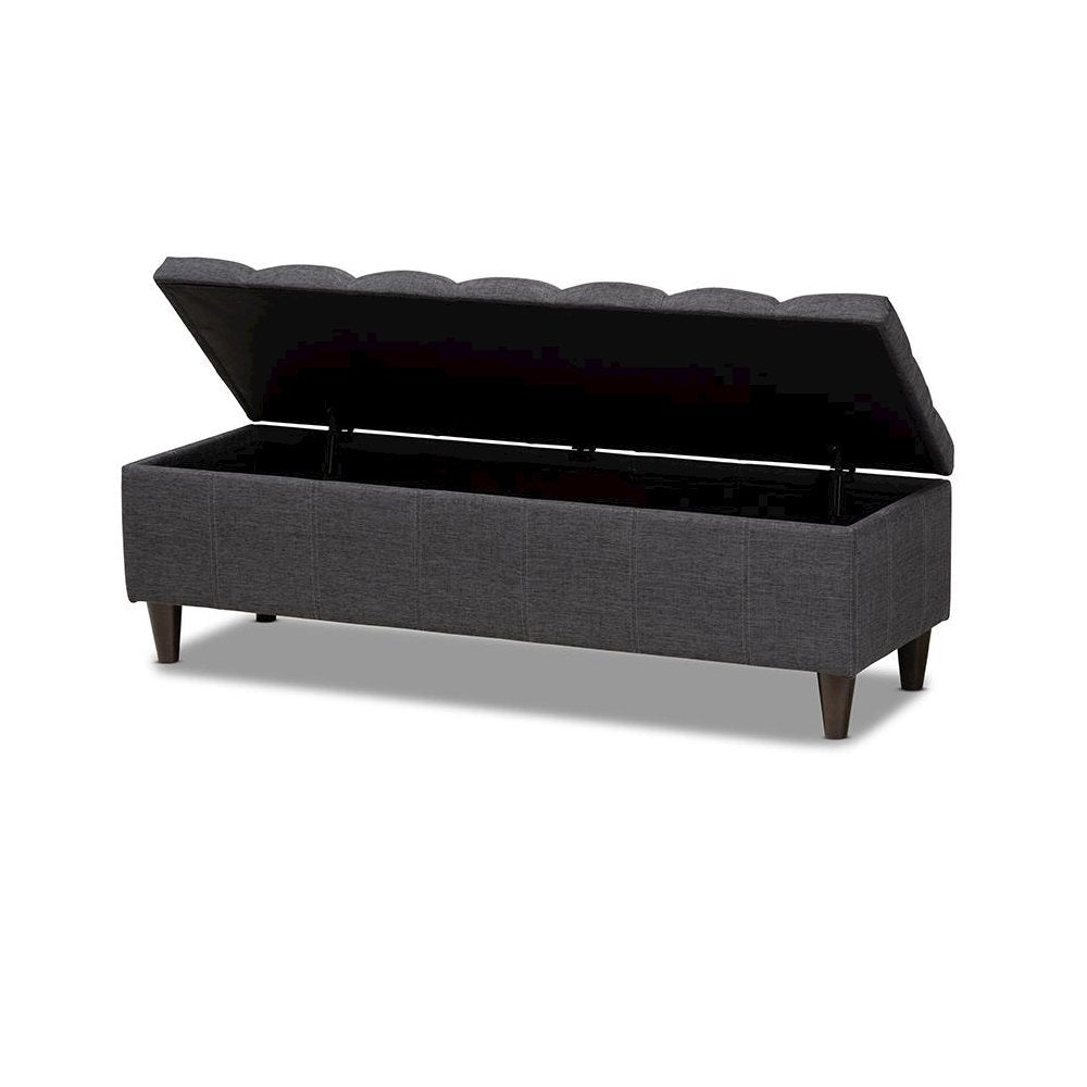 Charcoal Fabric Upholstered Dark Brown Finished Wood Storage Bench Ottoman